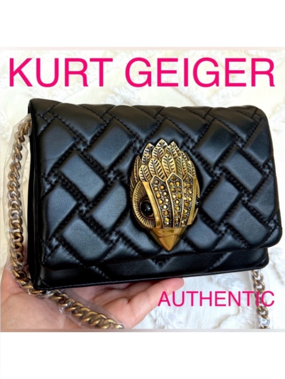Kurt Geiger Kensington Eagle Head Quilted Leather Crossbody Clutch Bag Black NWT